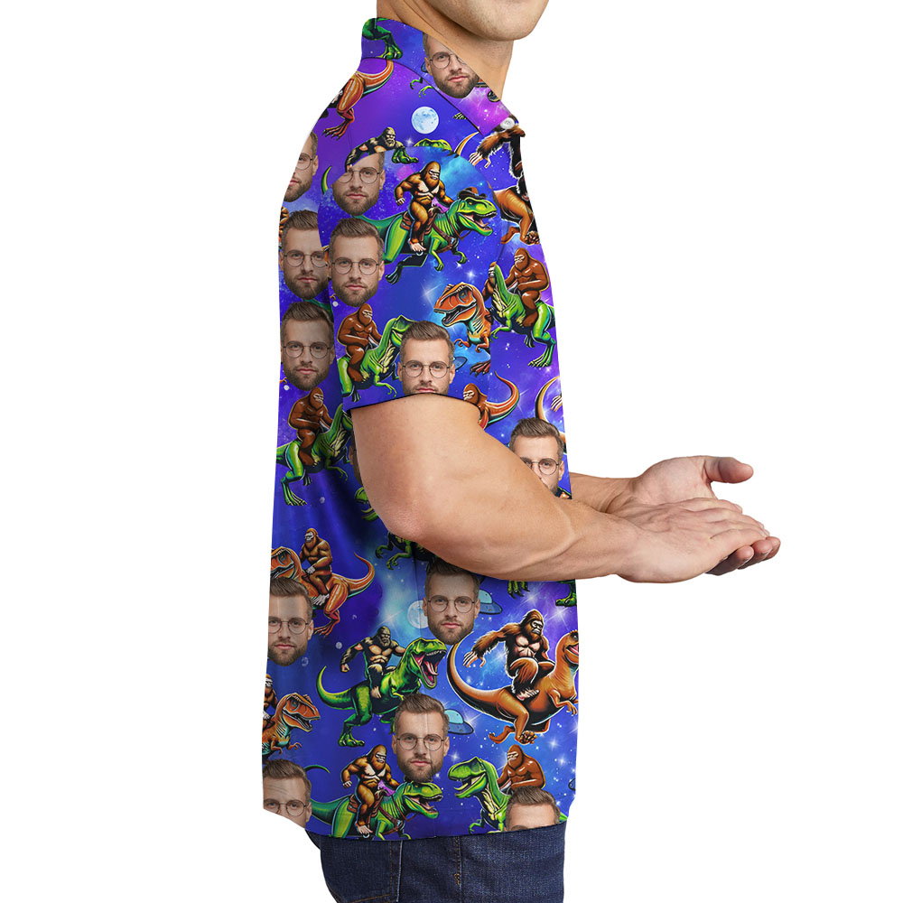 Bigfoot Riding Dinosaur Polo Golf Shirt With Faces