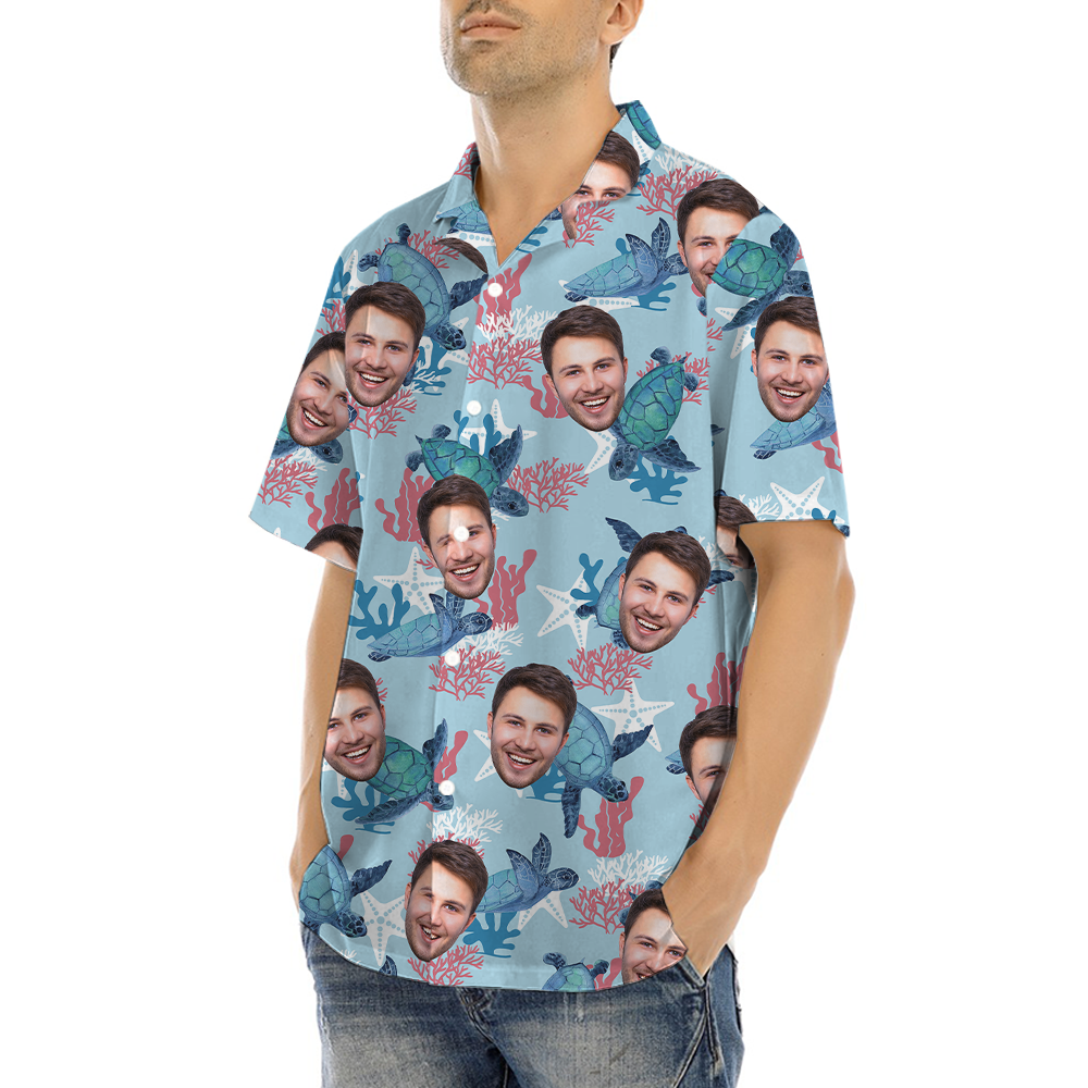 Custom Face Turtle Vintage Blue Aloha Shirt