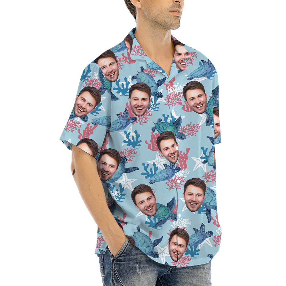 Custom Face Turtle Vintage Blue Aloha Shirt