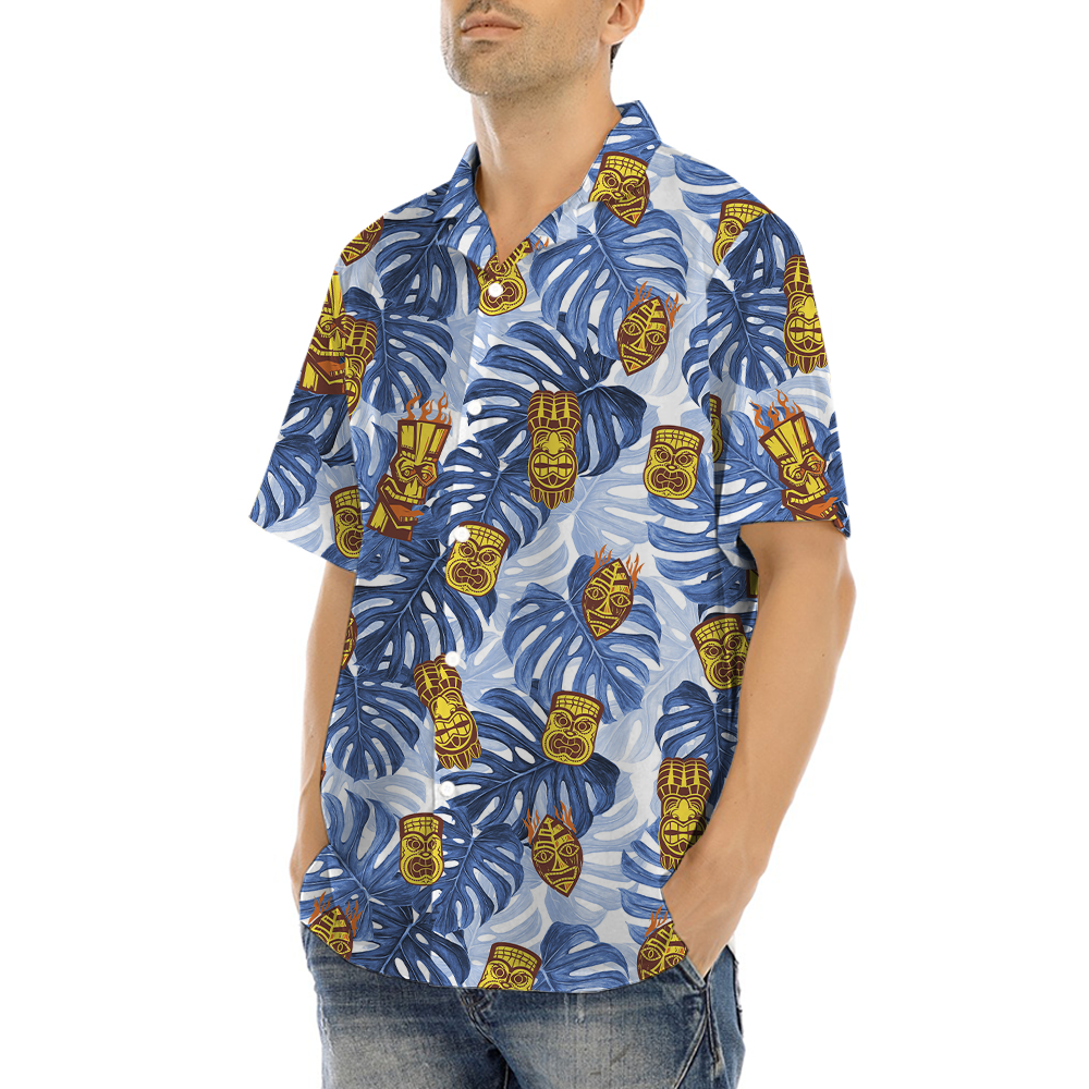 Vintage Tiki Blue Tropical Leaves Hawaiian Shirt