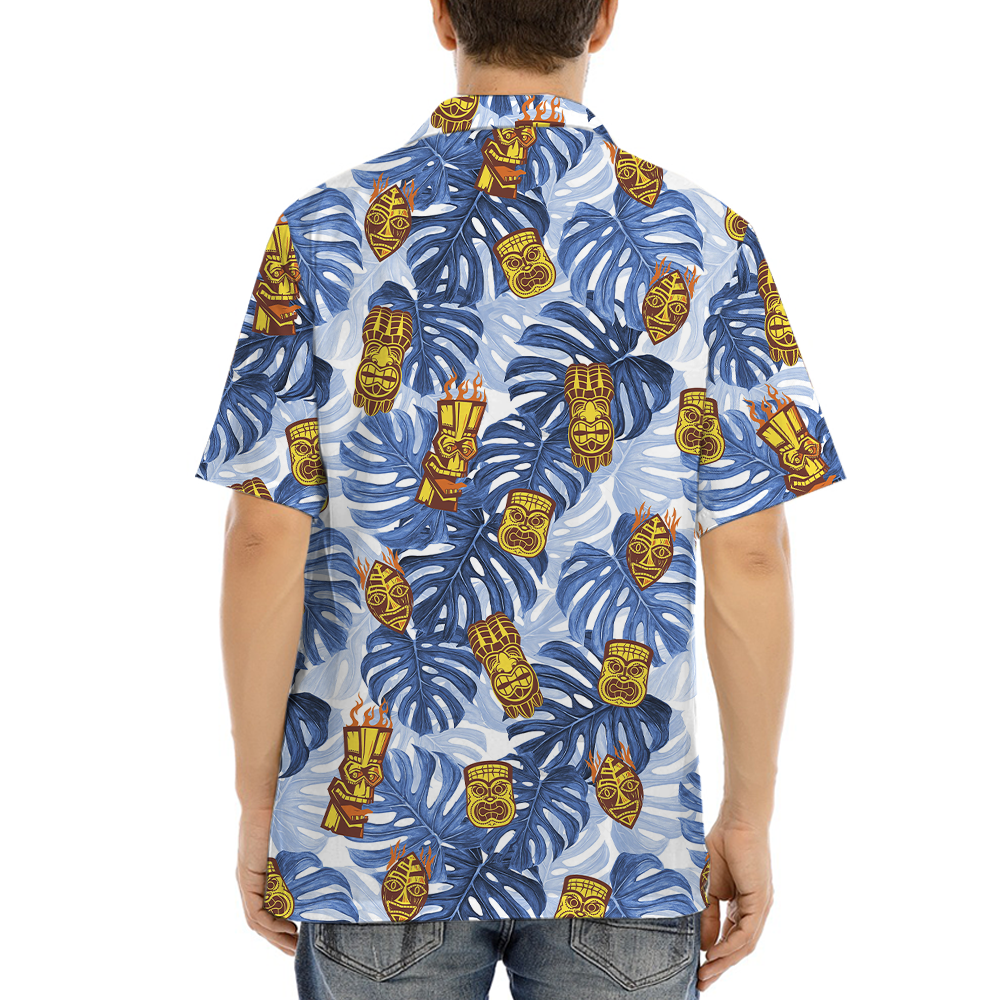 Vintage Tiki Blue Tropical Leaves Hawaiian Shirt