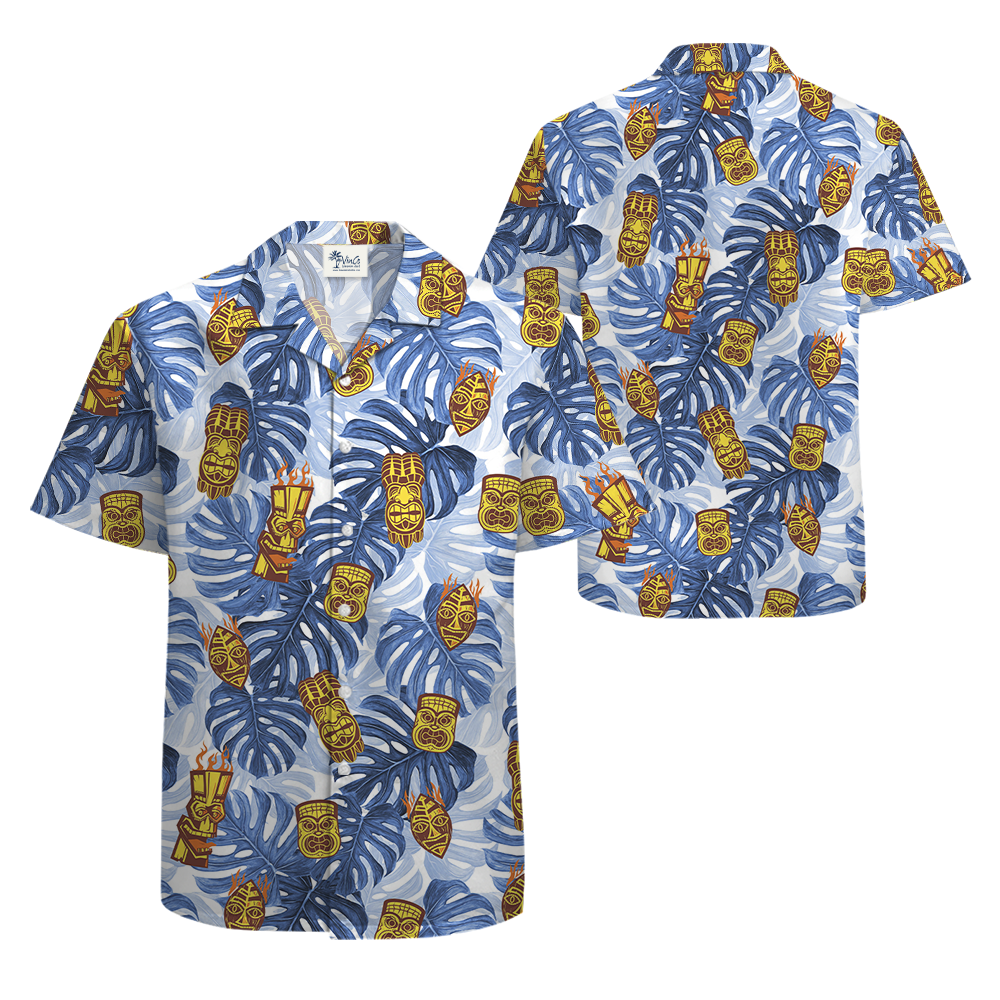 Vintage Tiki Blue Tropical Leaves Hawaiian Shirt