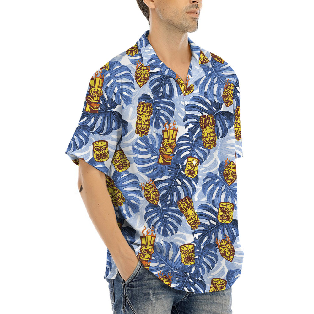 Vintage Tiki Blue Tropical Leaves Hawaiian Shirt