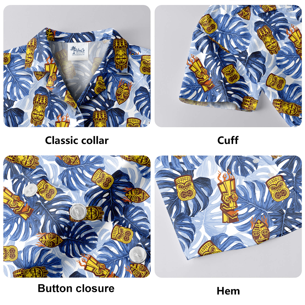 Vintage Tiki Blue Tropical Leaves Hawaiian Shirt