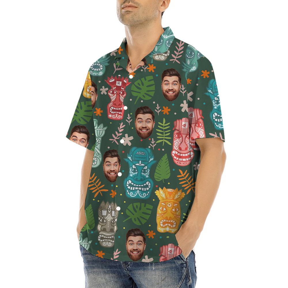 Custom Face Tiki Classic Green Hawaiian Shirt