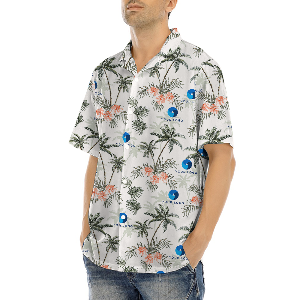 Custom Logo Tropical Palm Trees Hibiscus Hawaiian Shirt