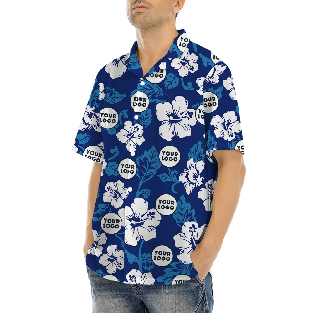 Custom Logo Hibiscus Navy Aloha Shirt
