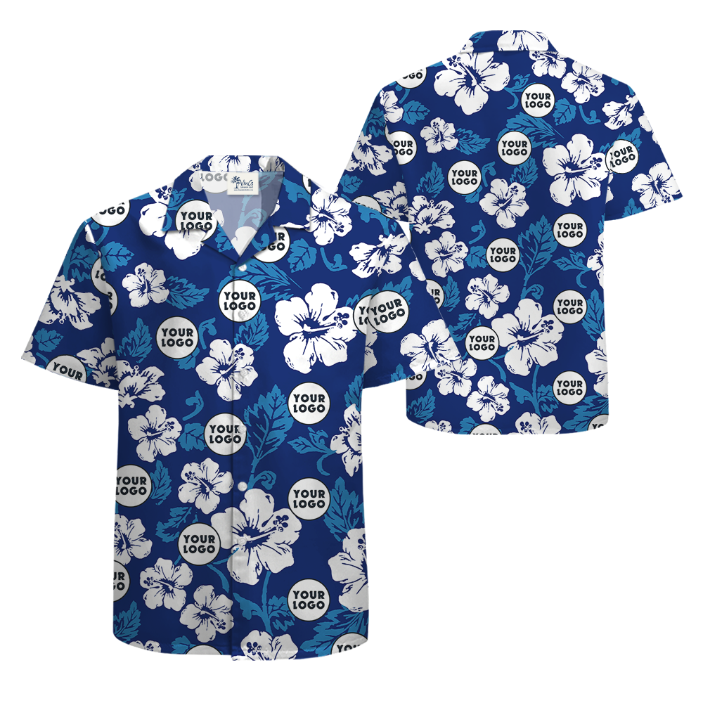 Custom Logo Hibiscus Navy Aloha Shirt