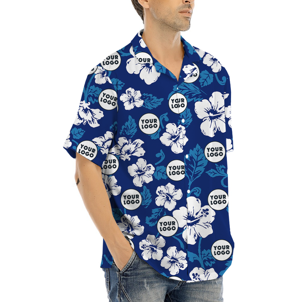 Custom Logo Hibiscus Navy Aloha Shirt