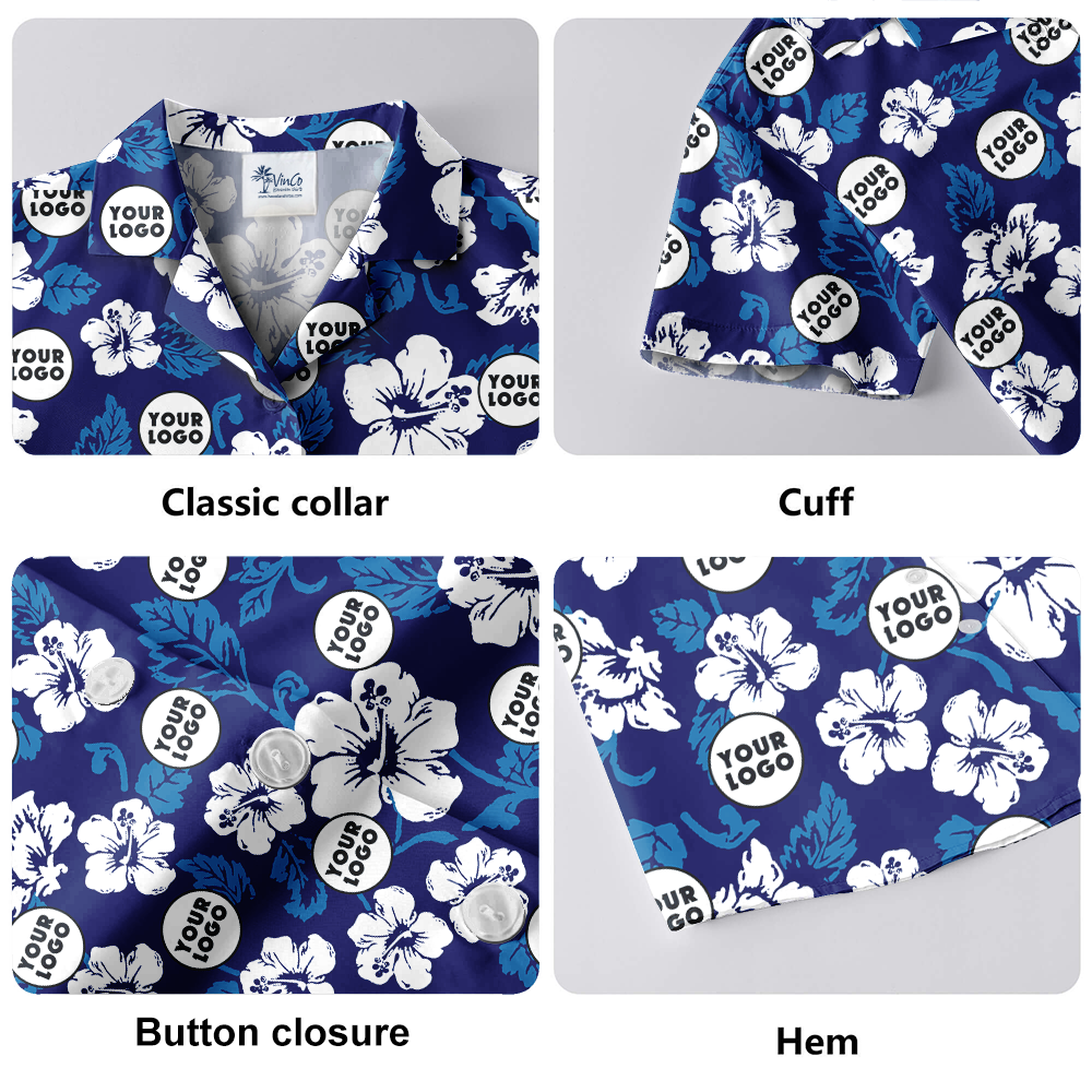 Custom Logo Hibiscus Navy Aloha Shirt