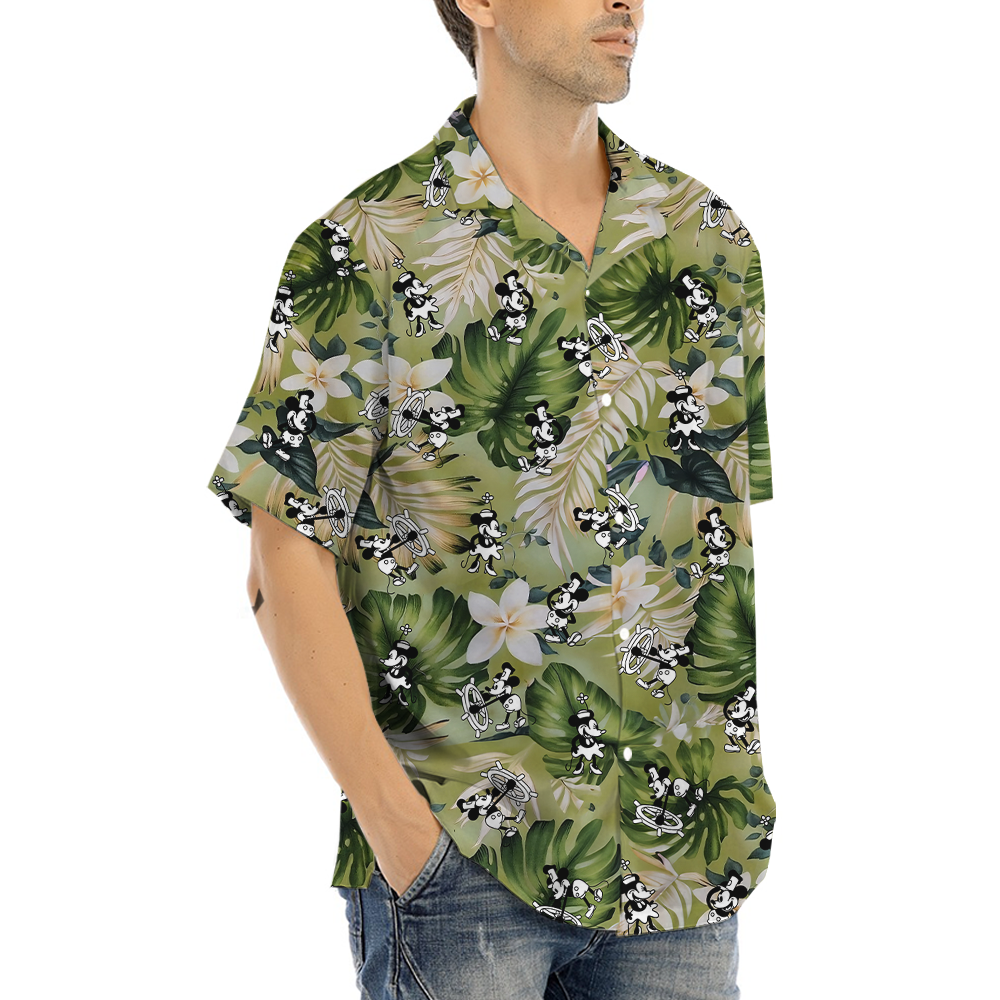 Green Tropical Plumeria Mickey Steamboat Willie Hawaiian Shirt