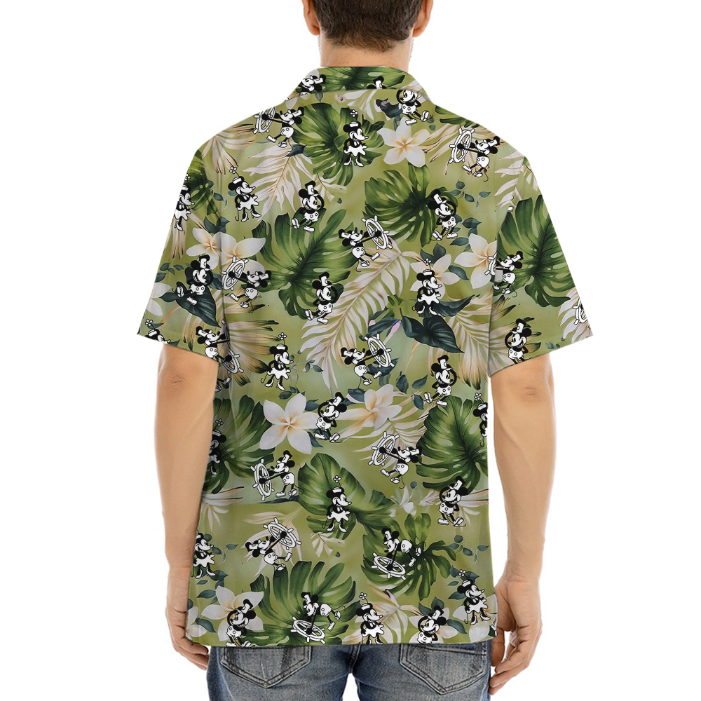 Green Tropical Plumeria Mickey Steamboat Willie Hawaiian Shirt