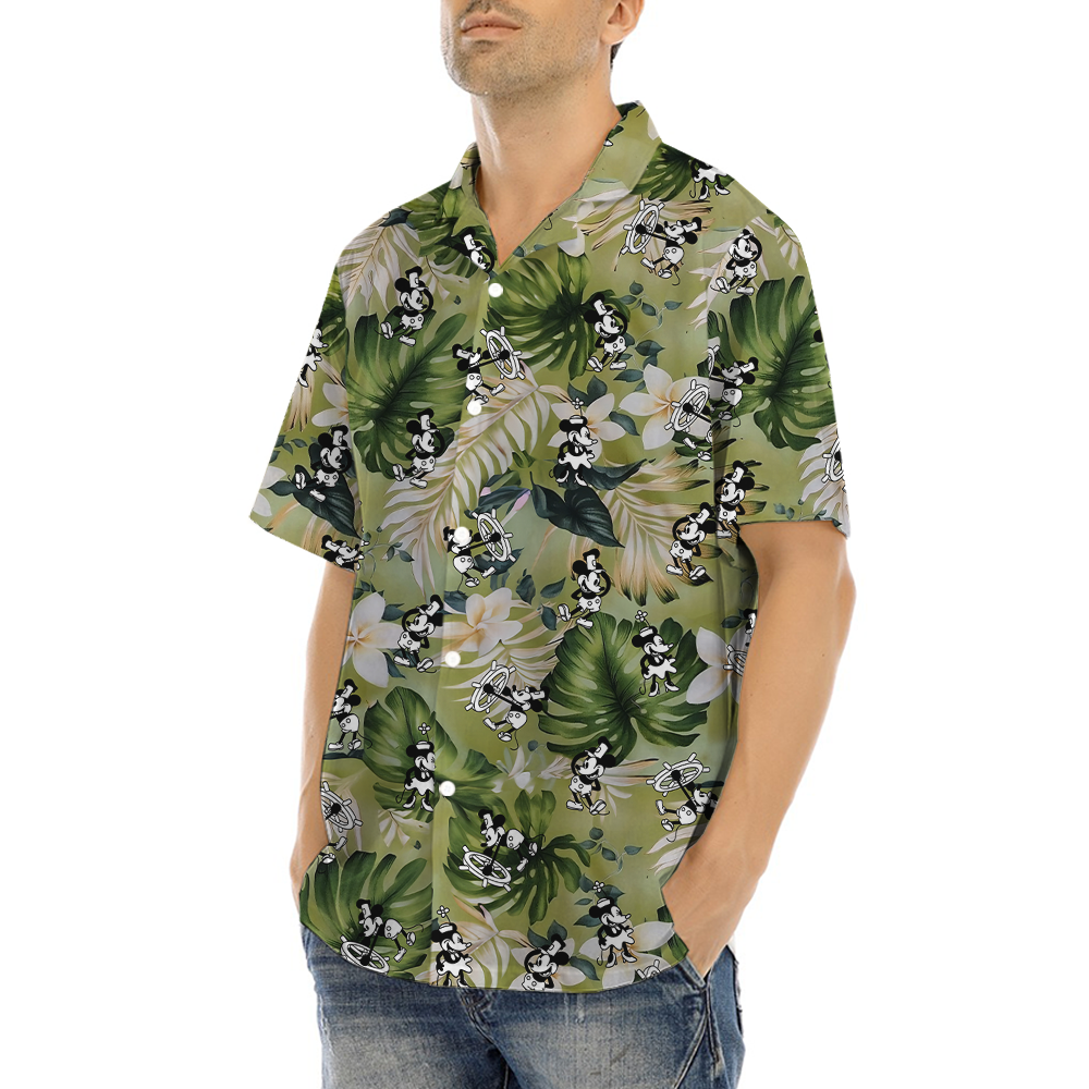 Green Tropical Plumeria Mickey Steamboat Willie Hawaiian Shirt