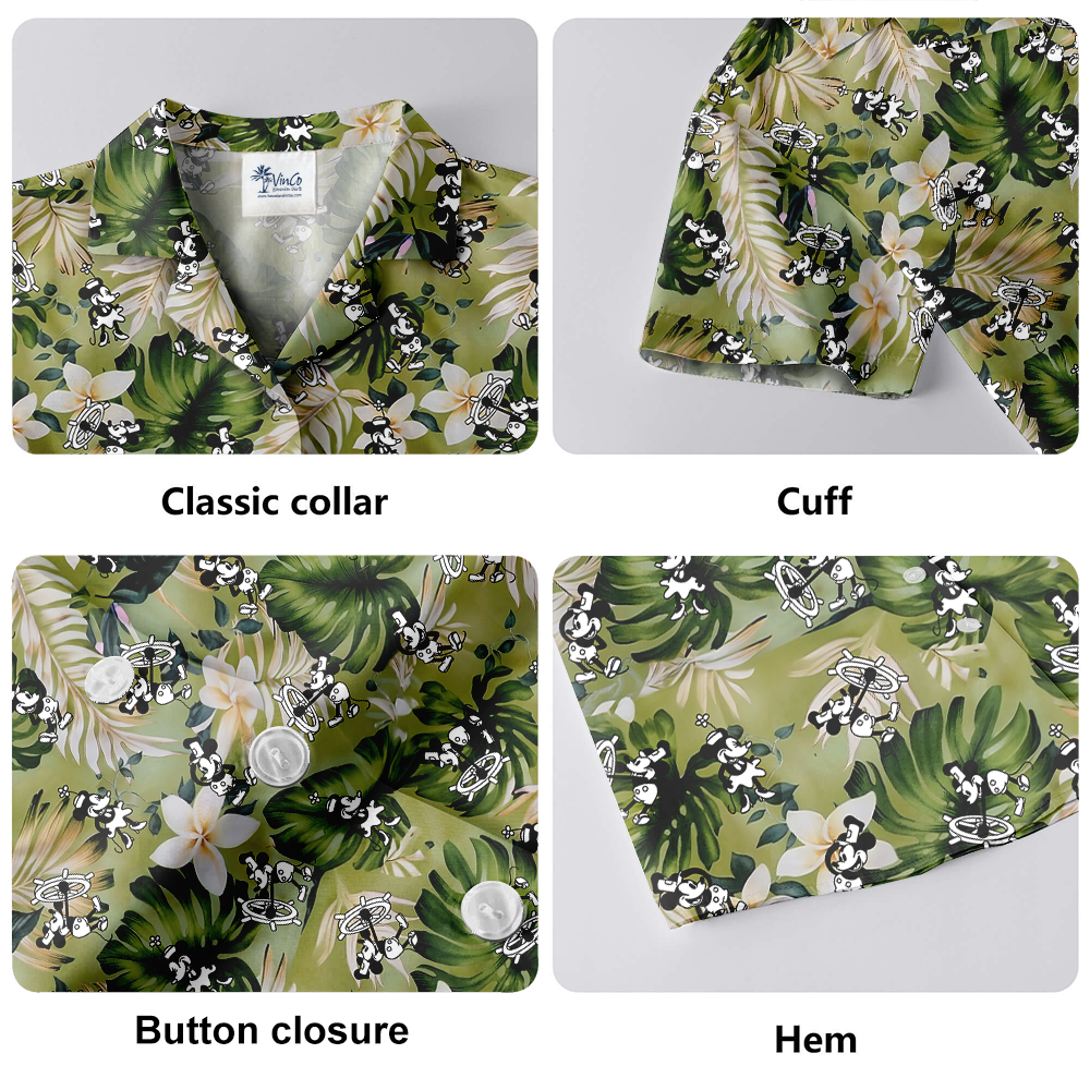 Green Tropical Plumeria Mickey Steamboat Willie Hawaiian Shirt