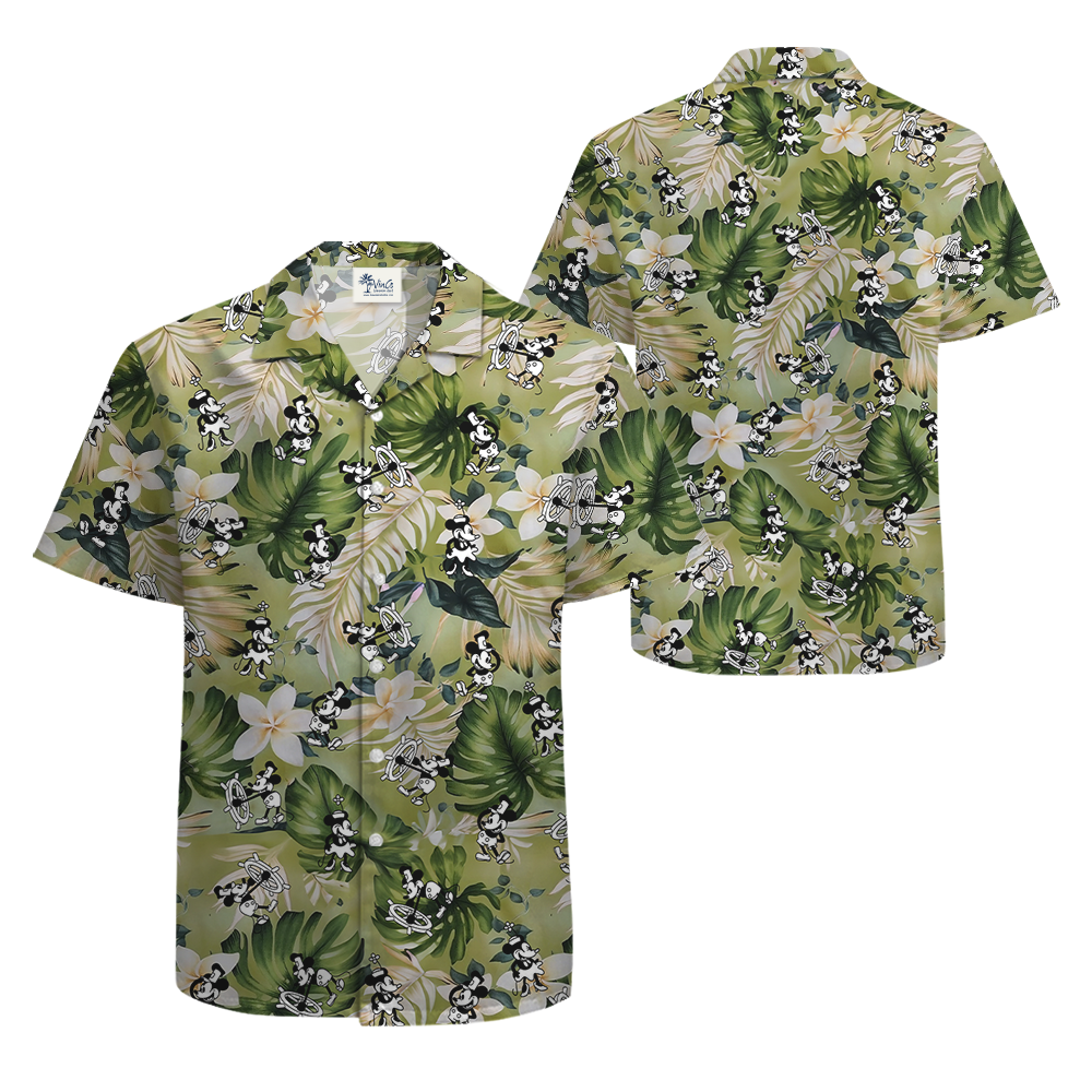 Green Tropical Plumeria Mickey Steamboat Willie Hawaiian Shirt