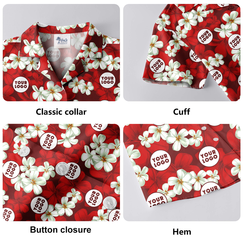 Red Floral Pattern Hula Shirt Company Logo