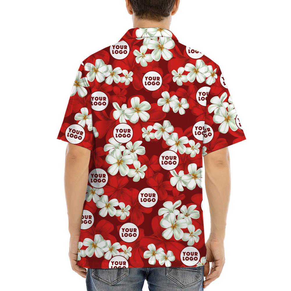 Red Floral Pattern Hula Shirt Company Logo