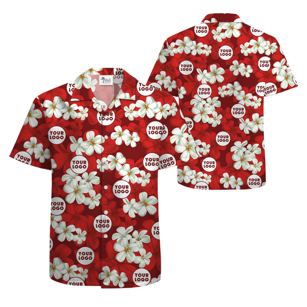Red Floral Pattern Hula Shirt Company Logo