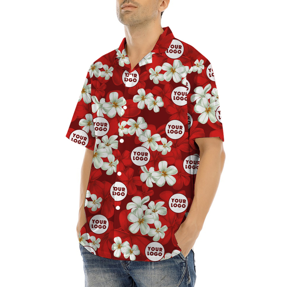 Red Floral Pattern Hula Shirt Company Logo