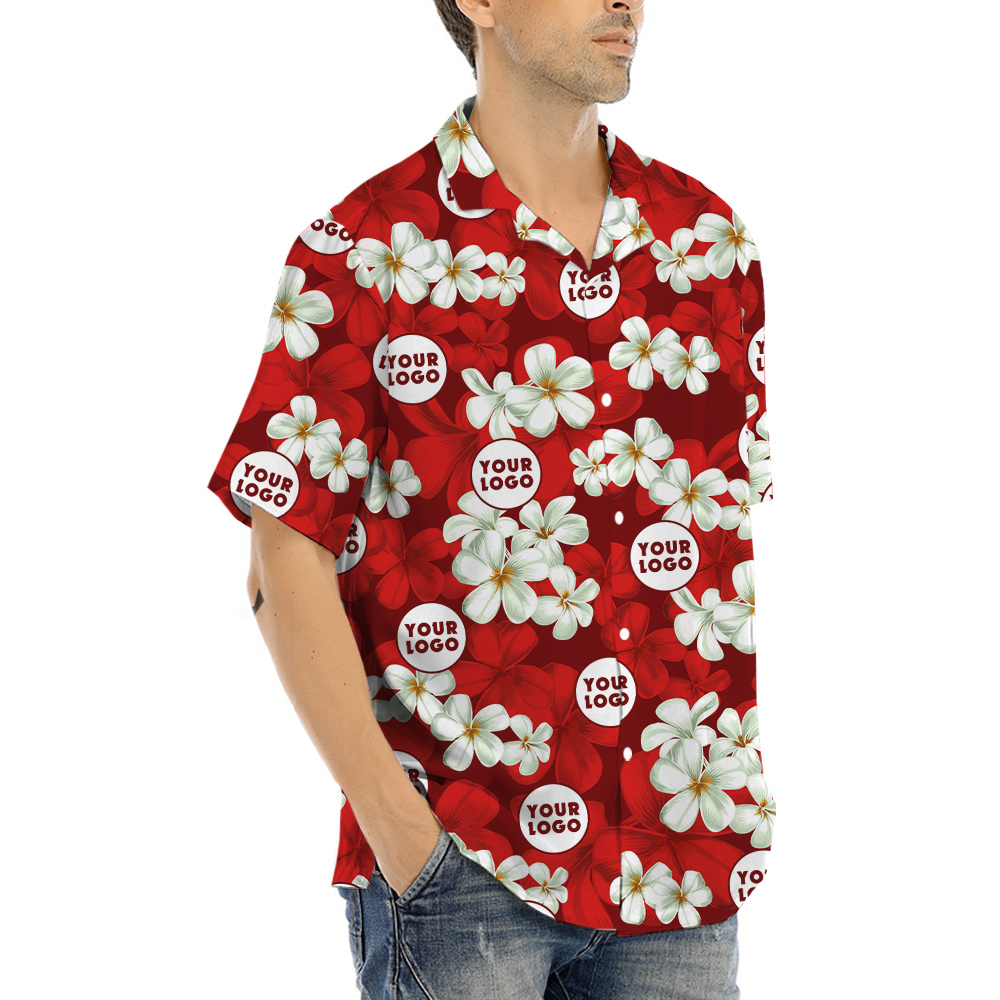 Red Floral Pattern Hula Shirt Company Logo