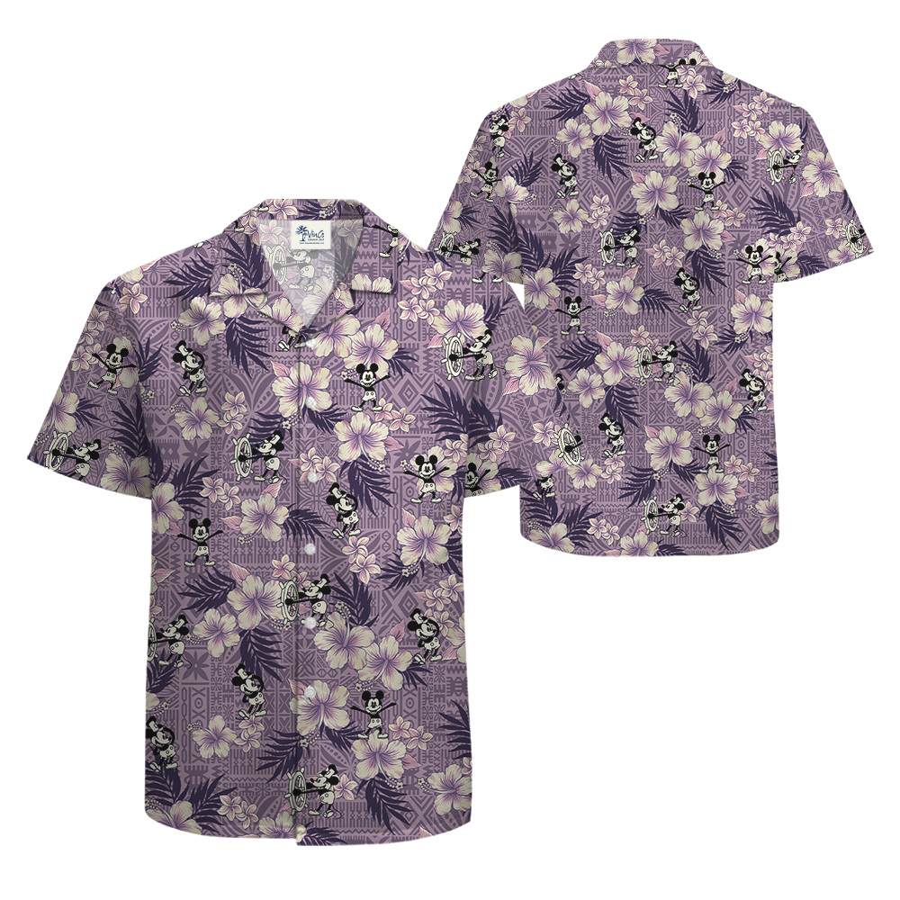 Vintage Patterns Hibiscus Mickey Steamboat Willie Hawaiian Shirt