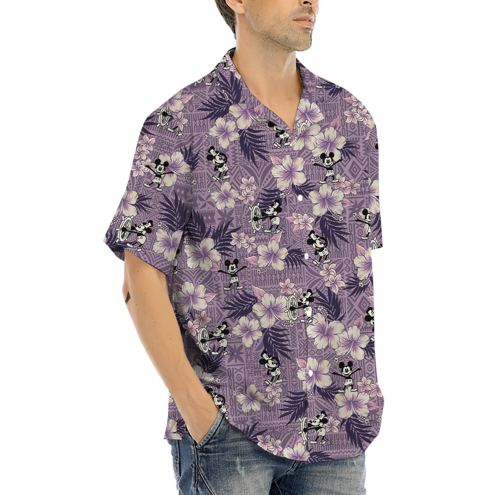 Vintage Patterns Hibiscus Mickey Steamboat Willie Hawaiian Shirt