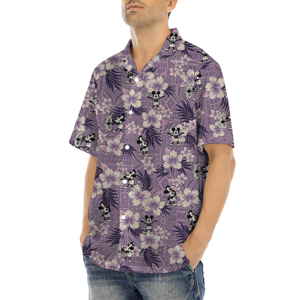 Vintage Patterns Hibiscus Mickey Steamboat Willie Hawaiian Shirt