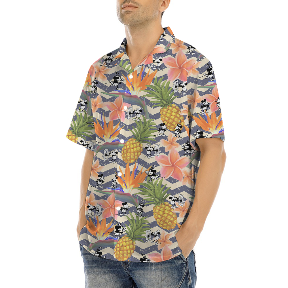 Tropical Pineapple Floral Mickey Steamboat Willie Hawaiian Shirt