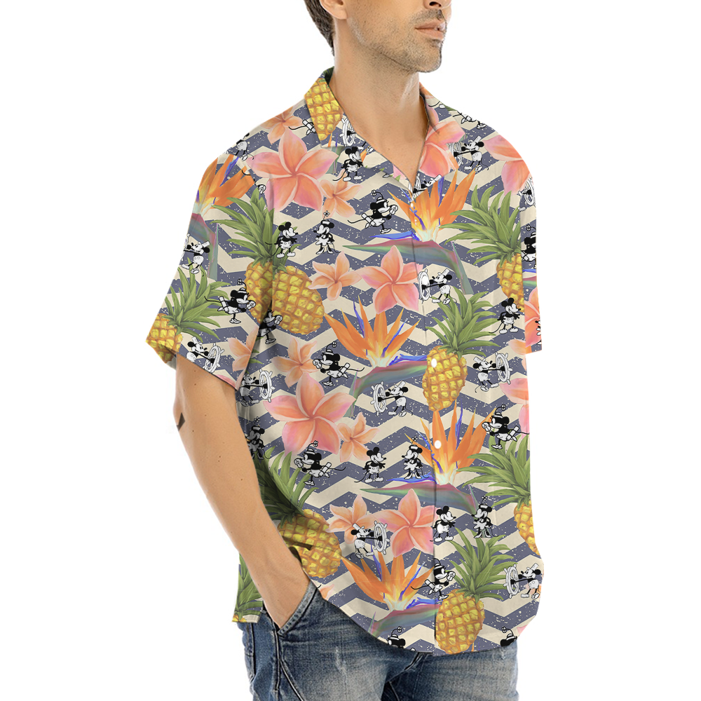 Tropical Pineapple Floral Mickey Steamboat Willie Hawaiian Shirt
