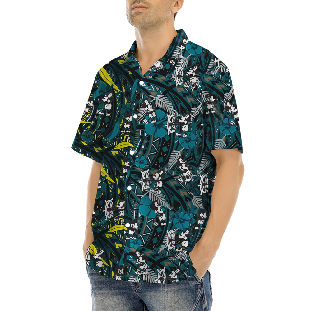 Vintage Hibiscus Navy Mickey Steamboat Willie Hawaiian Shirt