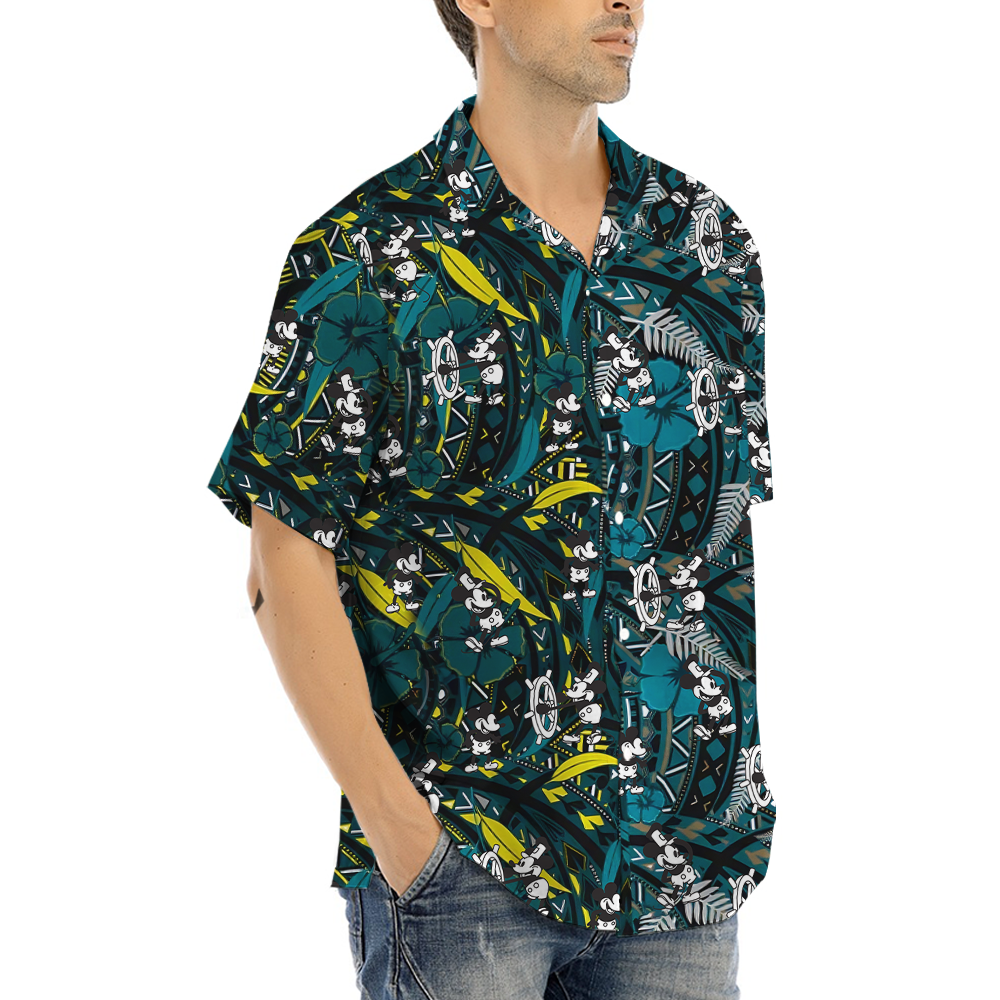 Vintage Hibiscus Navy Mickey Steamboat Willie Hawaiian Shirt