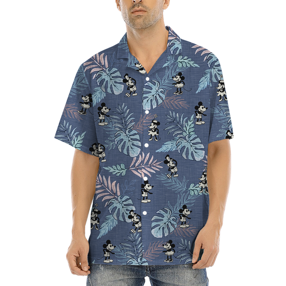 Vintage Tropical Leave Mickey Steamboat Willie Navy Aloha Shirt - variant image 1