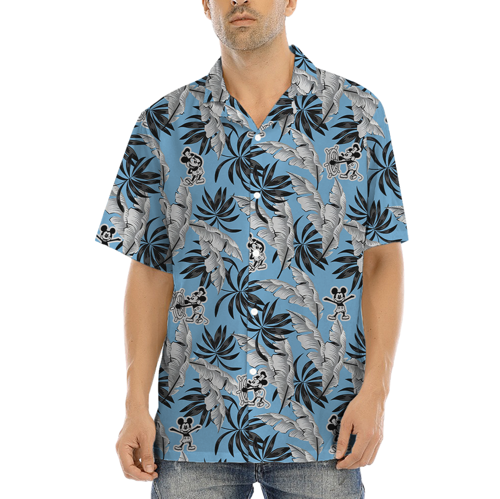 Blue Tropical Leaves Mickey Steamboat Willie Hawaiian Shirt - variant image 1