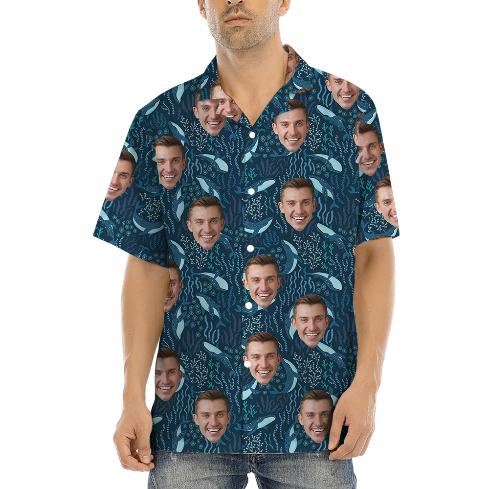 Custom Face Whale Navy Hawaiian Shirt - variant image 1