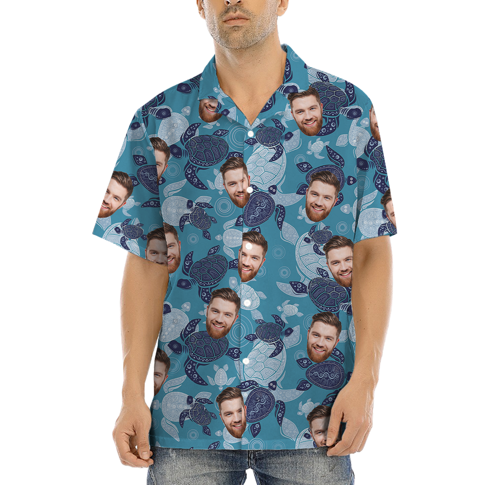 Custom Face Turtle Vintage Blue Hawaiian Shirt - variant image 1