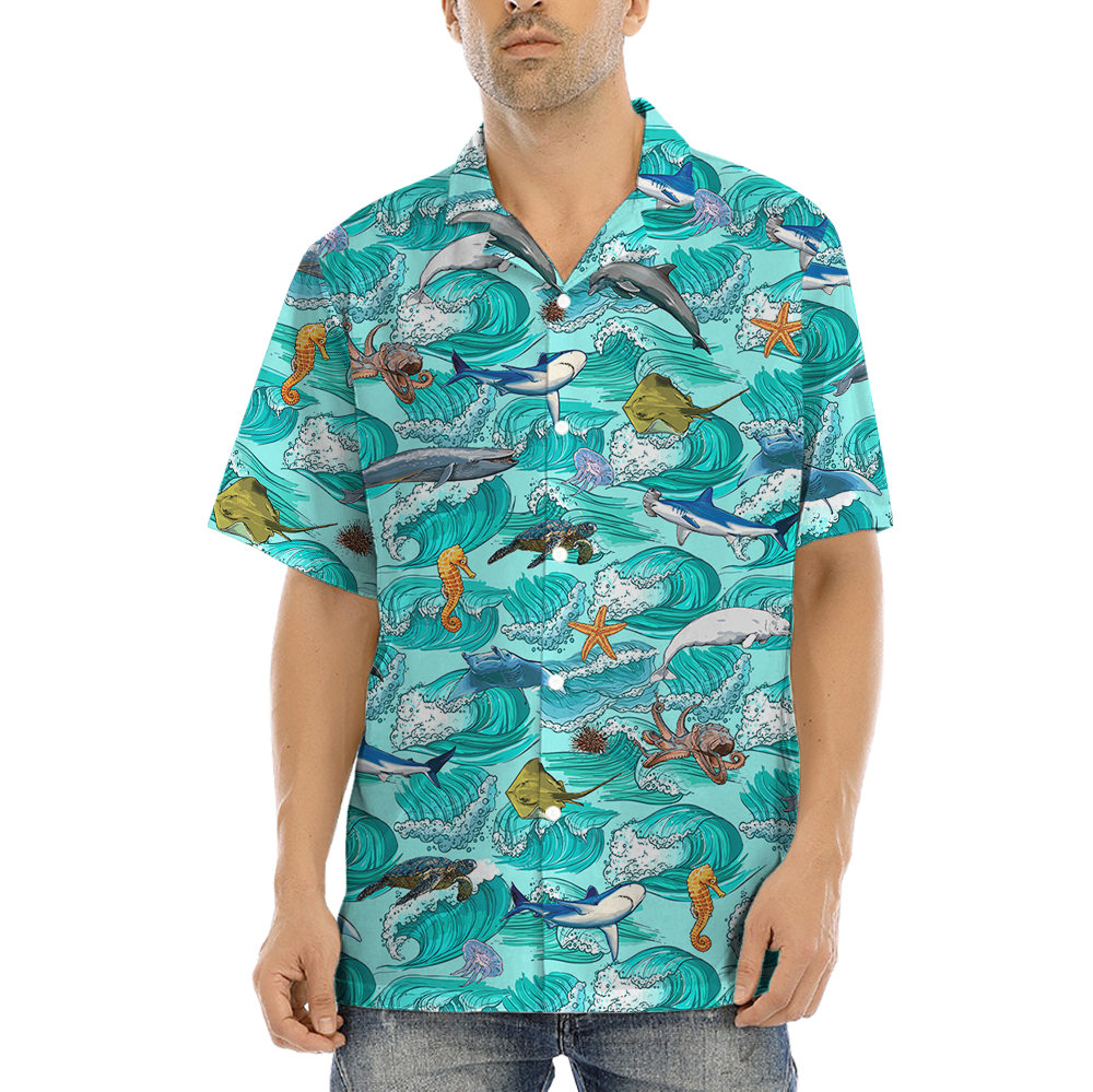 Ocean Creatures Blue Hawaiian Shirt - variant image 1