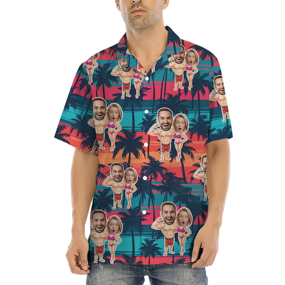 Funny Custom Face Couple Bikini Hawaiian Shirt - variant image 1