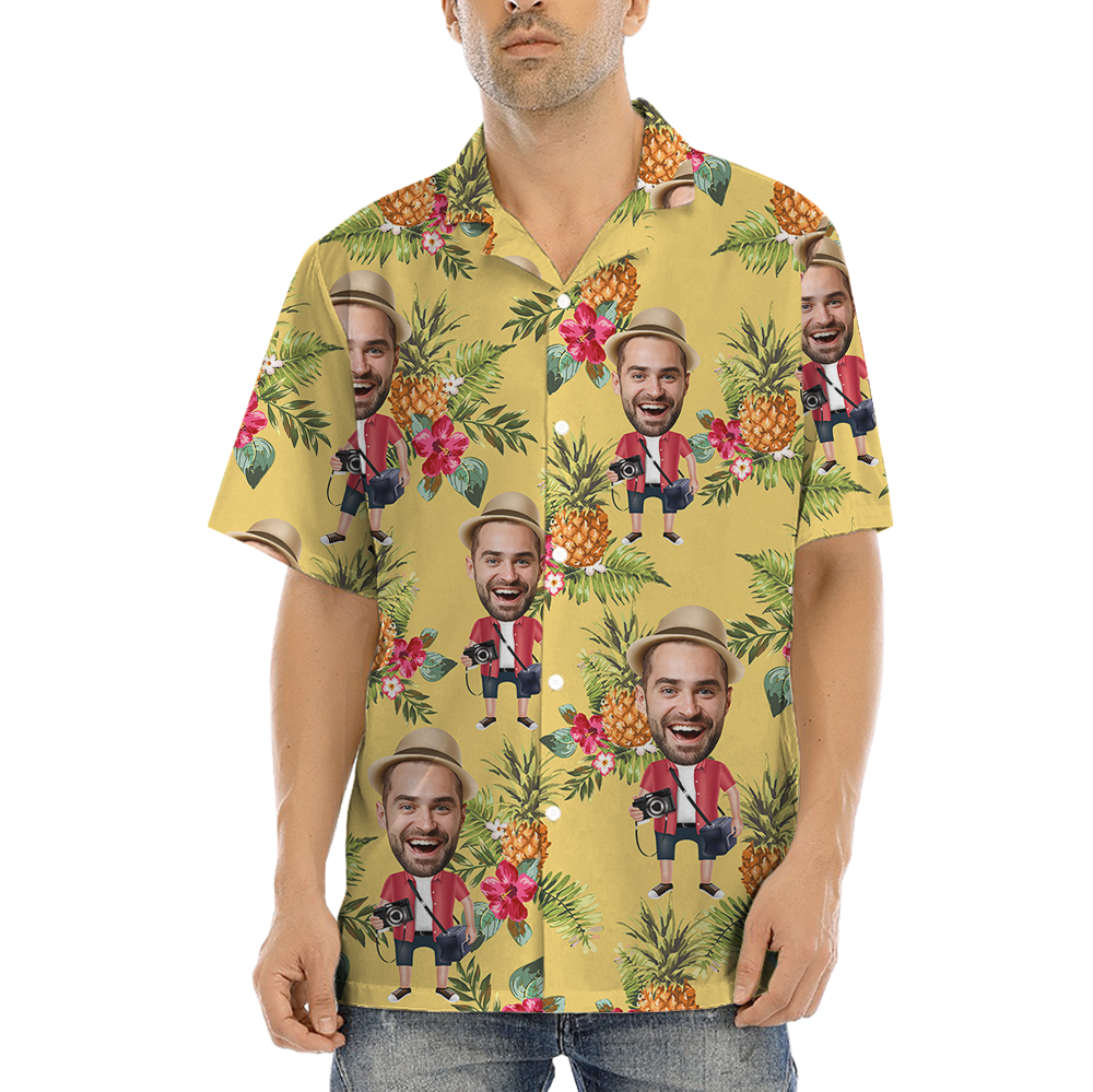Funny Custom Face Floral Pineapple Yellow Hawaiian Shirt - variant image 1