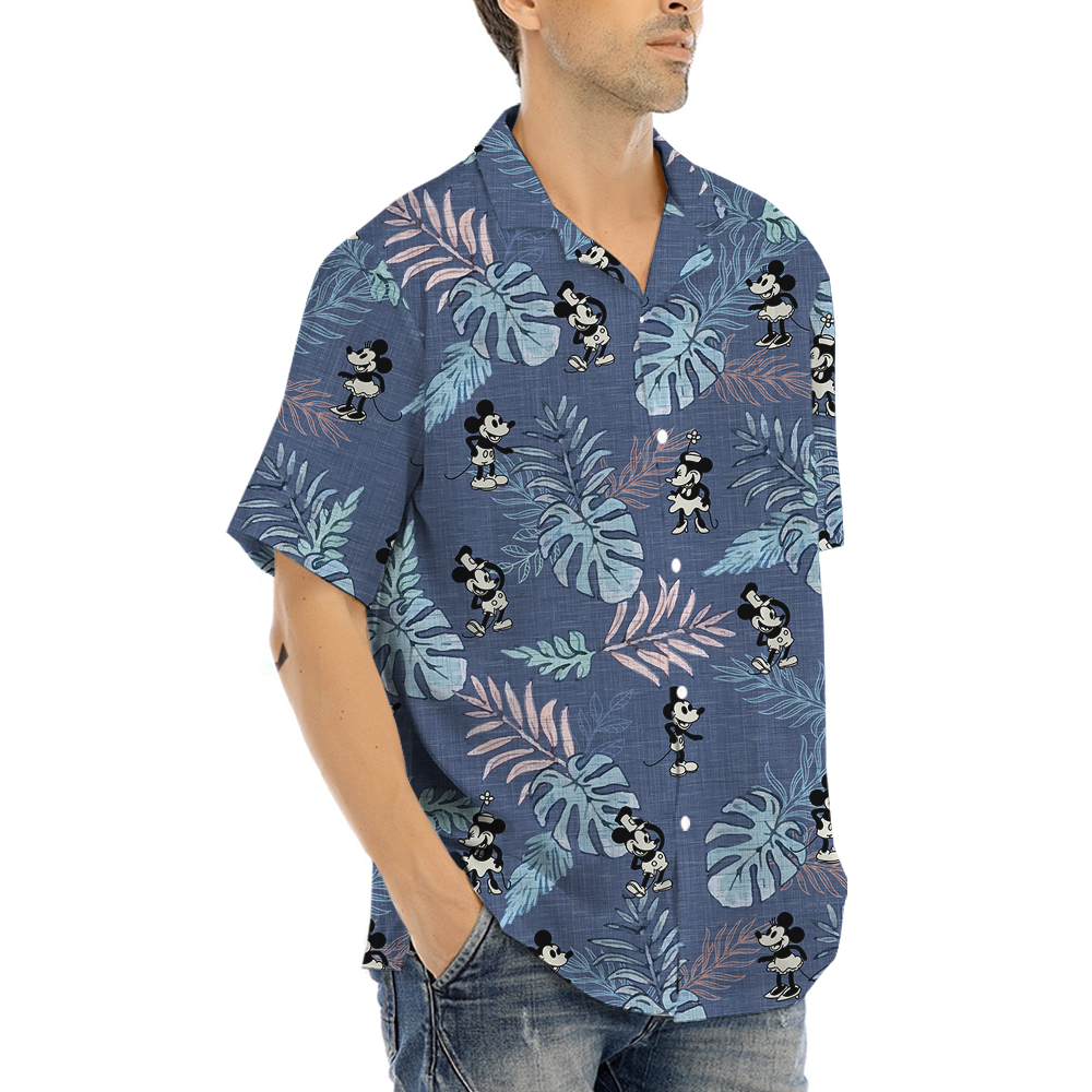 Vintage Tropical Leave Mickey Steamboat Willie Navy Aloha Shirt