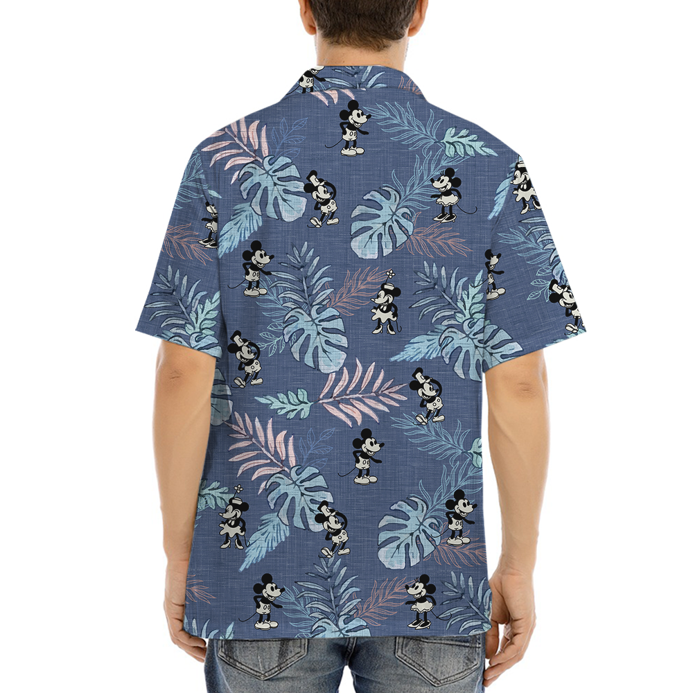 Vintage Tropical Leave Mickey Steamboat Willie Navy Aloha Shirt