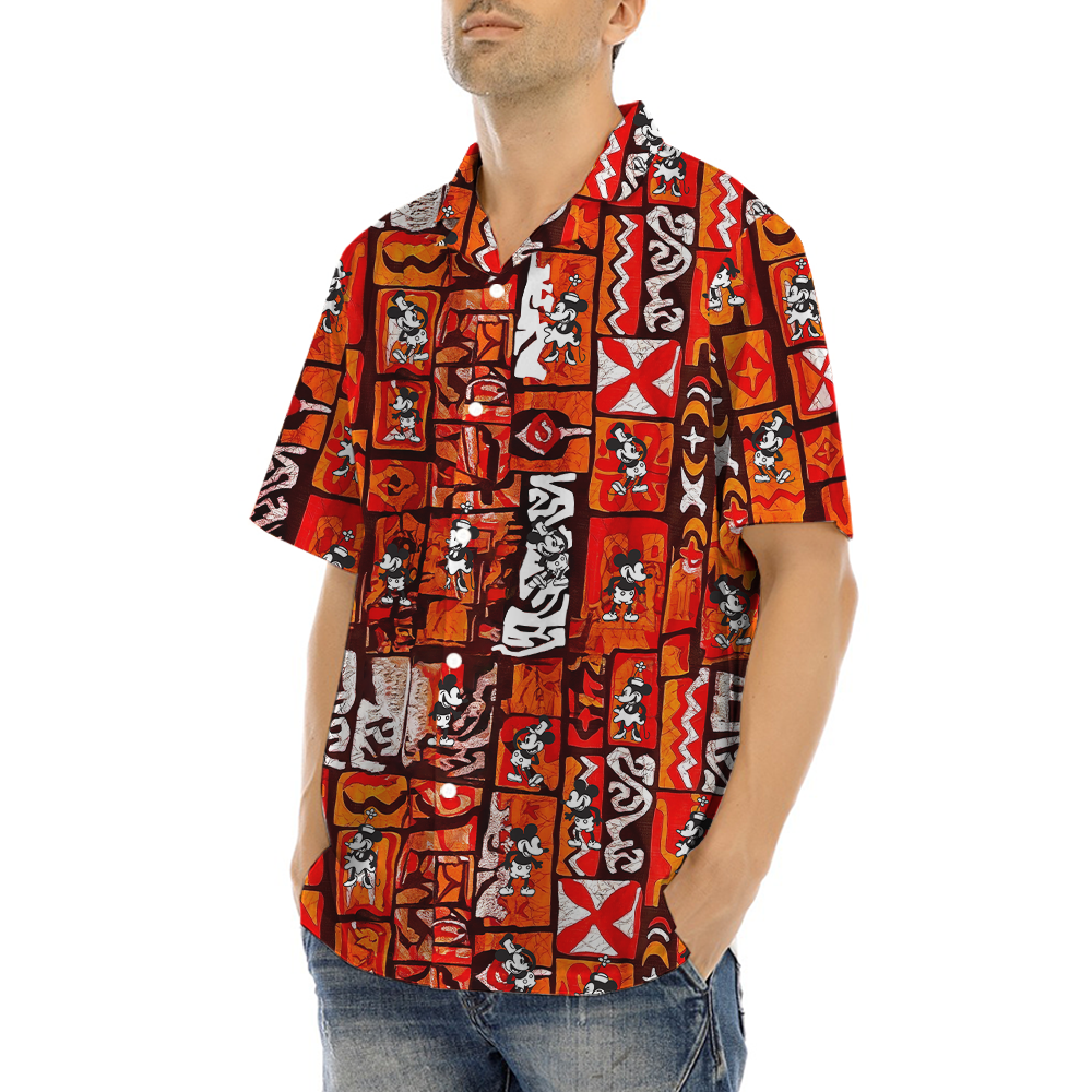 Vintage Mickey Steamboat Willie Orange Aloha Shirt