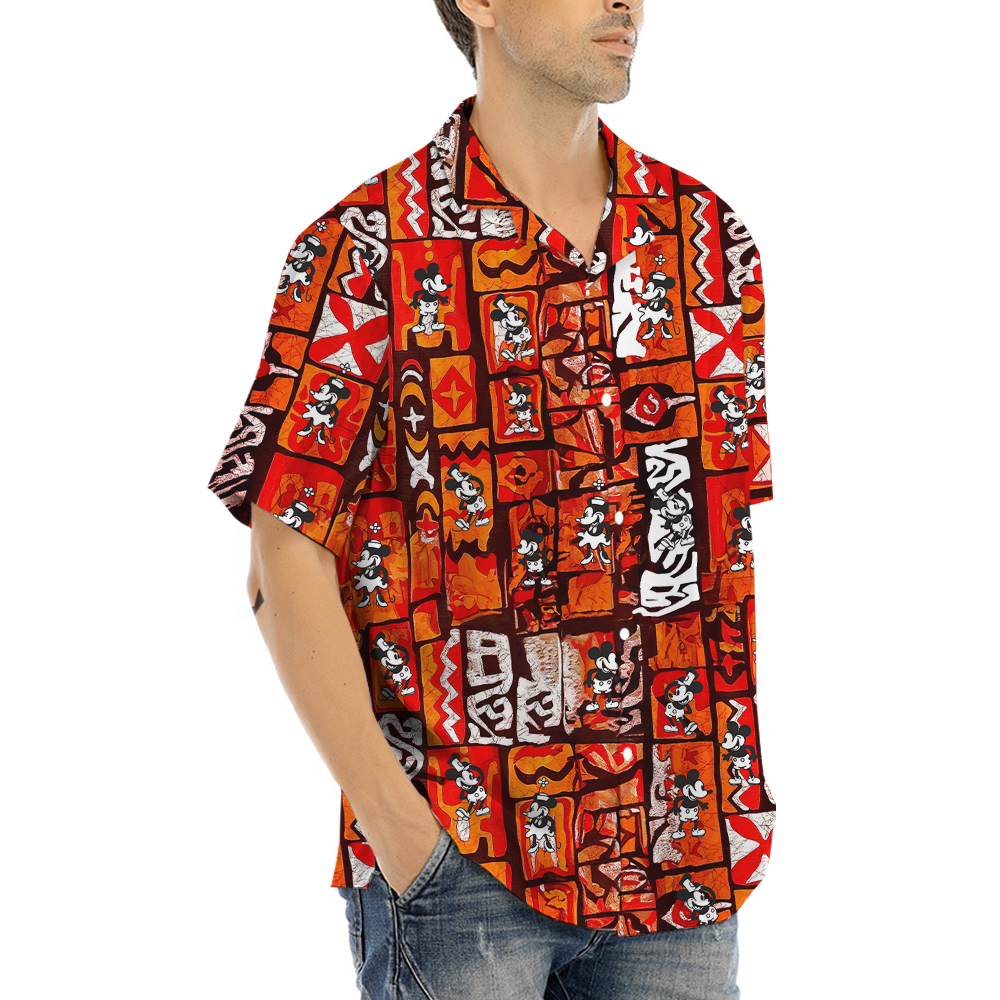 Vintage Mickey Steamboat Willie Orange Aloha Shirt