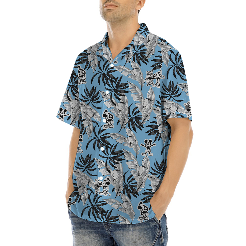 Blue Tropical Leaves Mickey Steamboat Willie Hawaiian Shirt