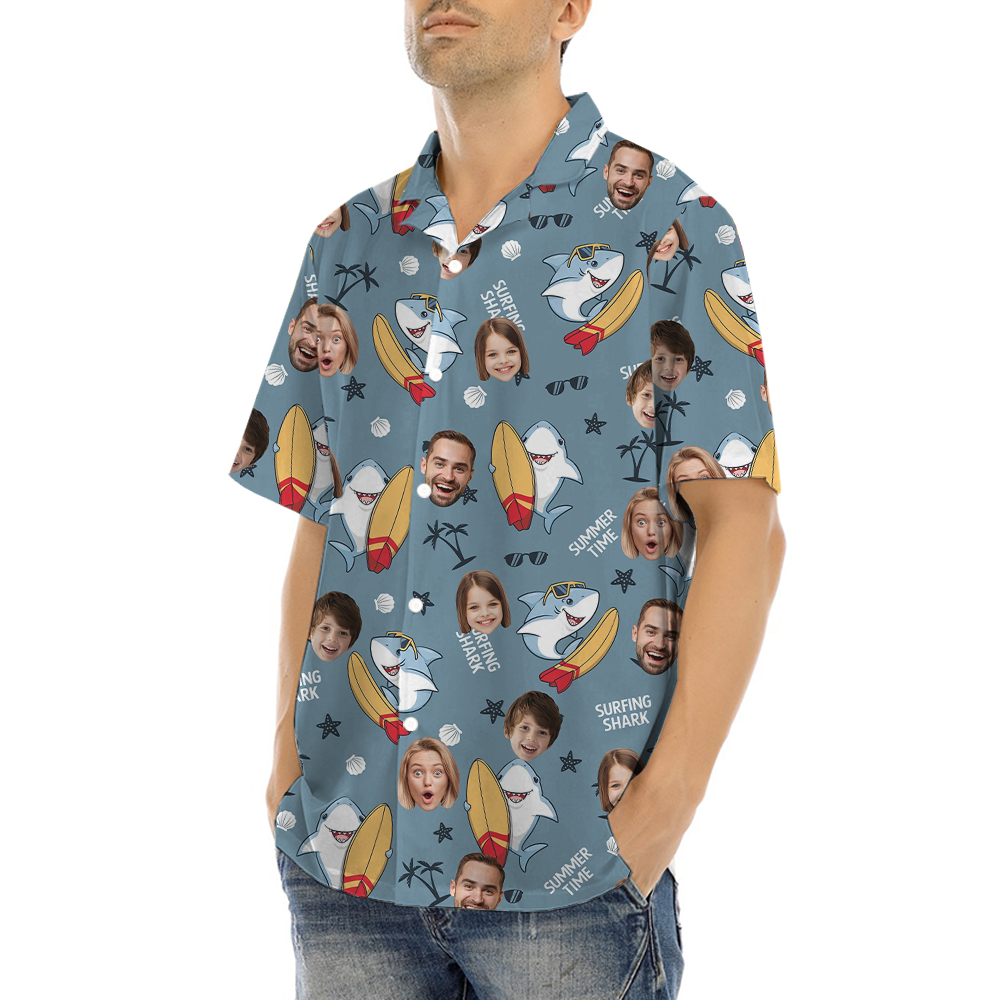 Custom Face Shark Surfing Hawaiian Shirt