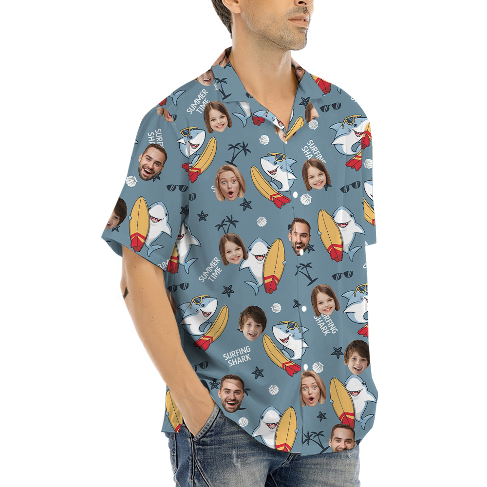 Custom Face Shark Surfing Hawaiian Shirt
