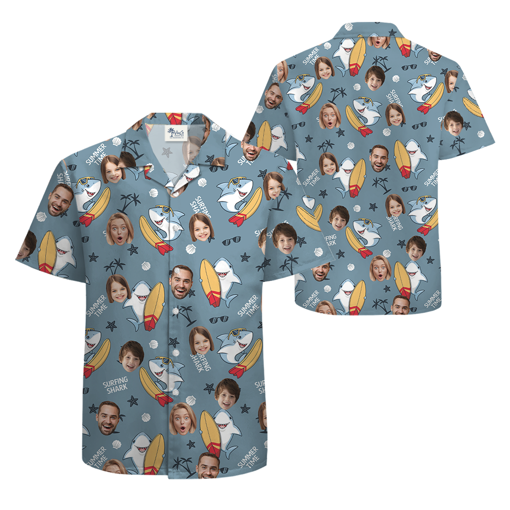 Custom Face Shark Surfing Hawaiian Shirt