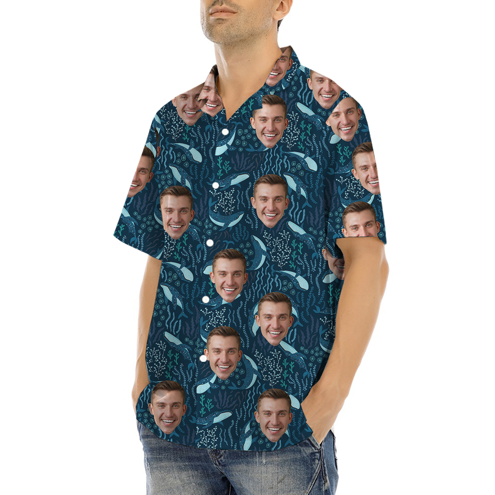 Custom Face Whale Navy Hawaiian Shirt