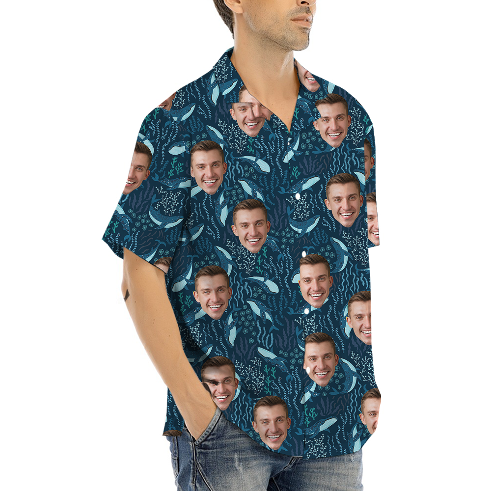Custom Face Whale Navy Hawaiian Shirt