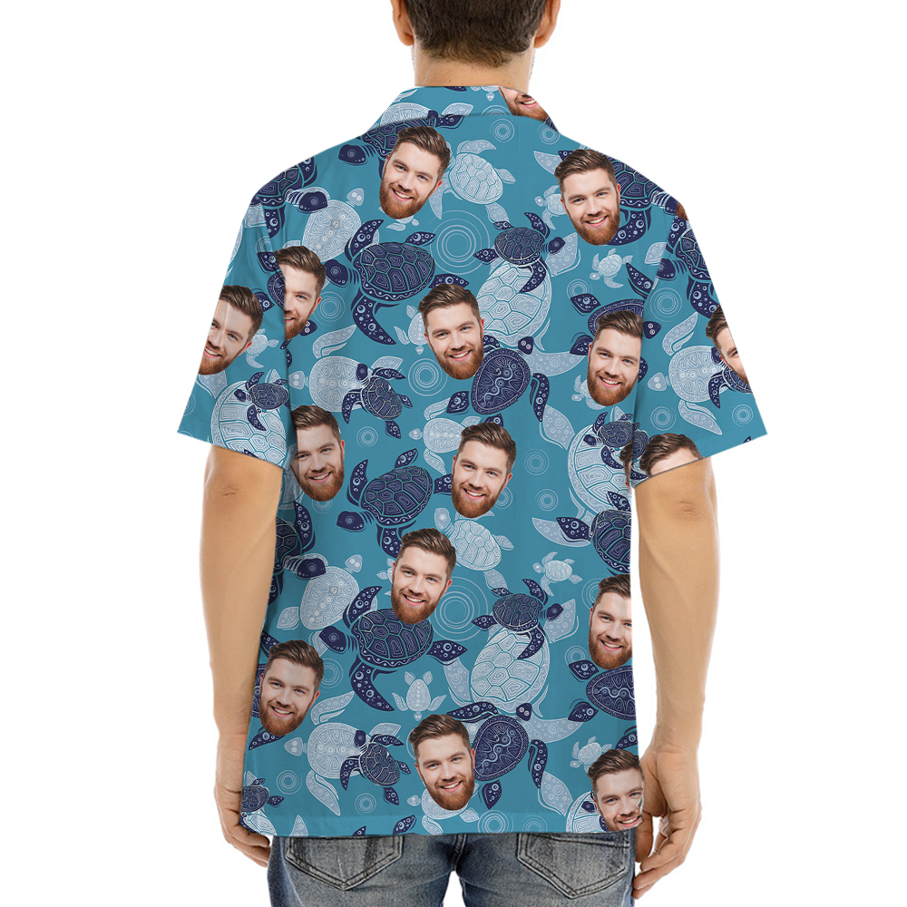 Custom Face Turtle Vintage Blue Hawaiian Shirt