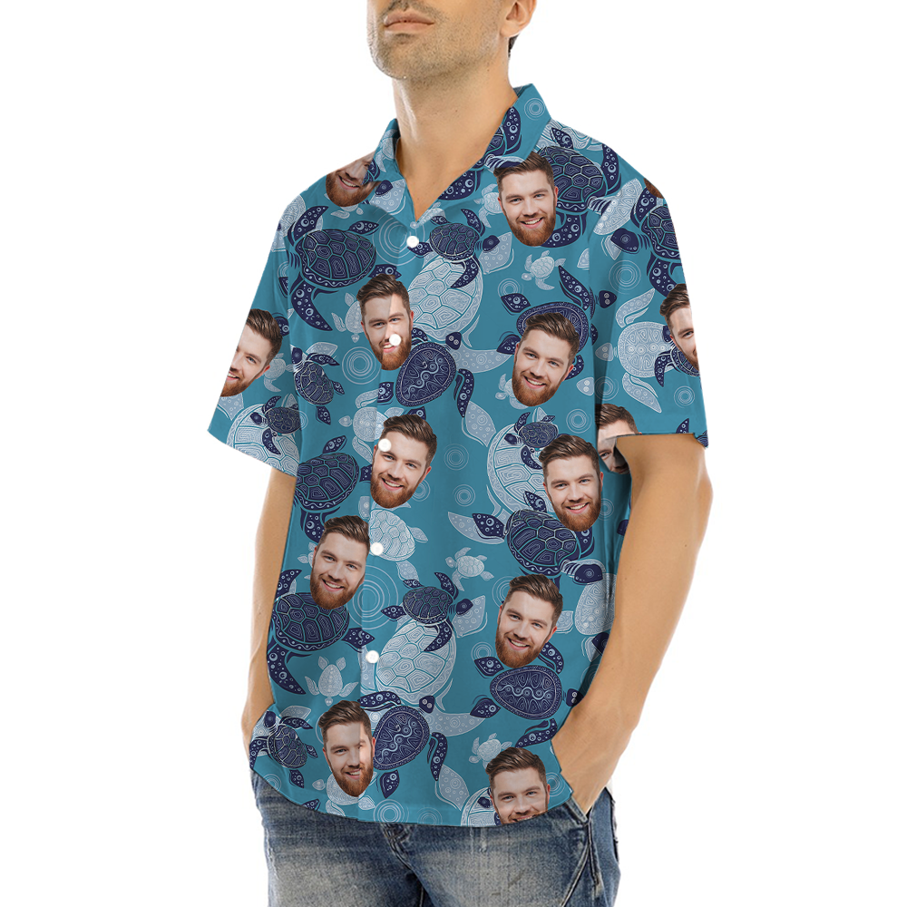 Custom Face Turtle Vintage Blue Hawaiian Shirt